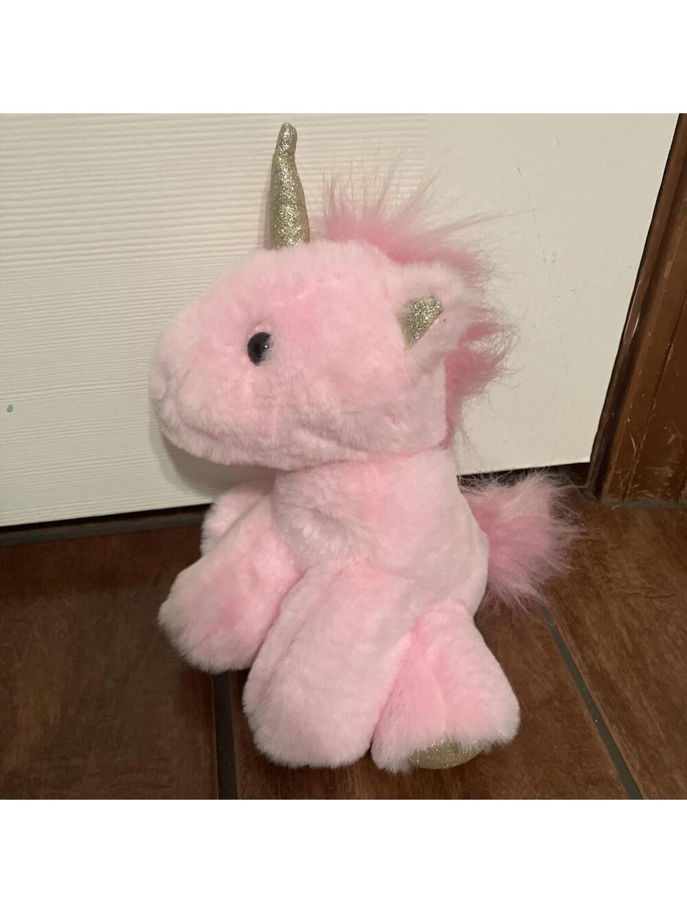 FAO Schwarz Pink Unicorn Plush Small Gold Horn & Hooves Stuffed Animal Soft EUC